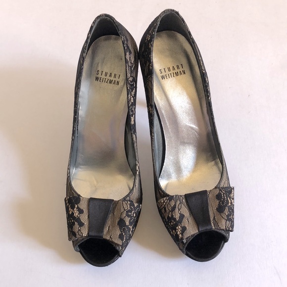 Stuart Weitzman Satin & Lace Peep Toe Pumps - Picture 5 of 9